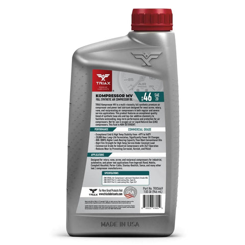 Back view of TRIAX Kompressor MV 46 / SAE 20 - Full Synthetic, Multi-Vis Air Compressor Oil - Commercial Grade (1 Quart) bottle with text.