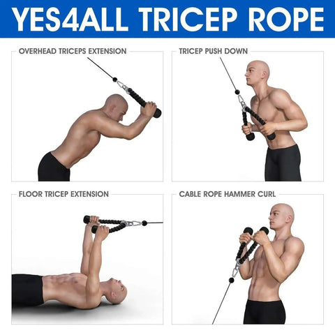 Illustration of exercises using Tricep Rope Attachment For Gym Machines 27 Inch Nylon Braided Rope With Stainless Steel Carabiner.