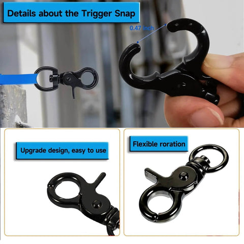 Close-up of 10 Pack Trigger Snap Hooks 2.32 Inches By 0.82 Inches Zinc Alloy Heavy Duty Swivel Lanyard Clips for bags and leashes.
