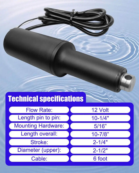 Trim Tab Actuator For Air Boats 12V Short Duty, Two And A Quarter Inch Stroke with technical specifications displayed