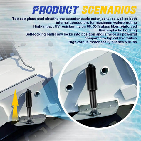 Trim Tab Actuator for 2009 and Newer Air Boats Short Stroke Two and a Quarter Inch, 12V installed on a boat hull with 6 Ft Cable