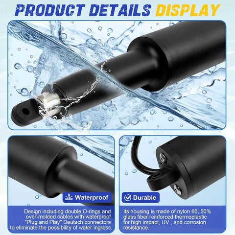 Premium Heavy Duty Replacement Trim Tab Actuator For Lenco 102 Series, 12V, close-up on waterproof design and wires