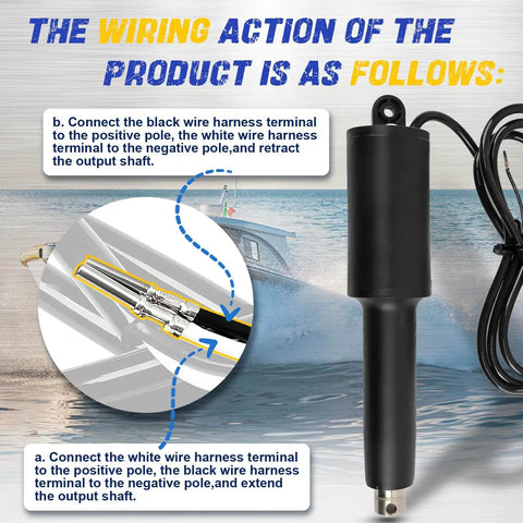 15060 001 Trim Tab Actuator 12V with wiring instructions, six-foot cable, and waterproof connections on a boating backdrop