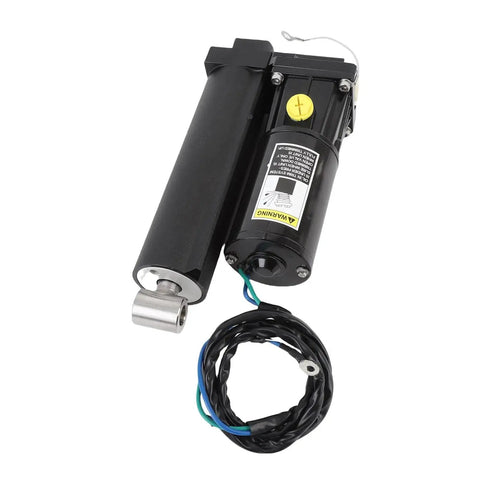 Qqmora power trim tilt actuator for outboard motors; black marine-grade motor with yellow cap and wiring harness.