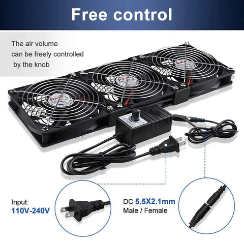 Three 120mm dual ball bearing computer fans with AC plug and DC 12V, shown with speed controller, for DIY chassis and server cooling.