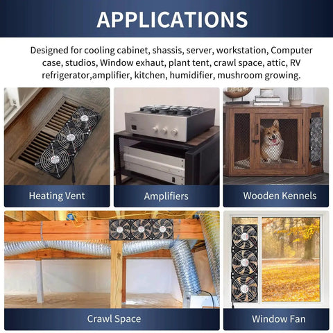 Applications of three 120mm dual ball bearing computer fans with AC plug DC 12V high airflow for various cabinet cooling setups.