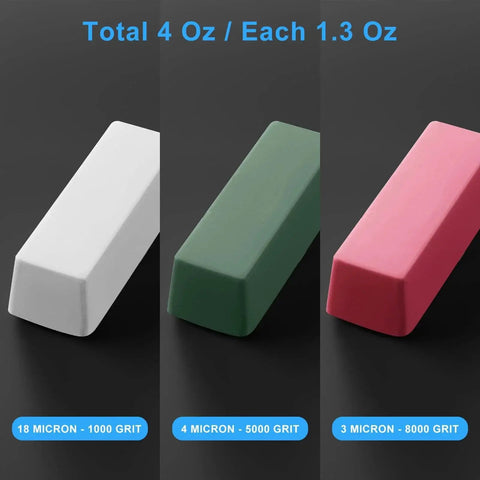 Triple bar metal polishing kit with 4 oz total, featuring green, white, and red compounds for leather strops and buffing wheels