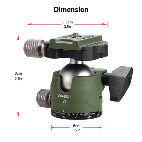 DSLR Camera Tripod Ball Head 38mm With 360 Degree Swivel U Shaped Groove Design in green with dimension markings