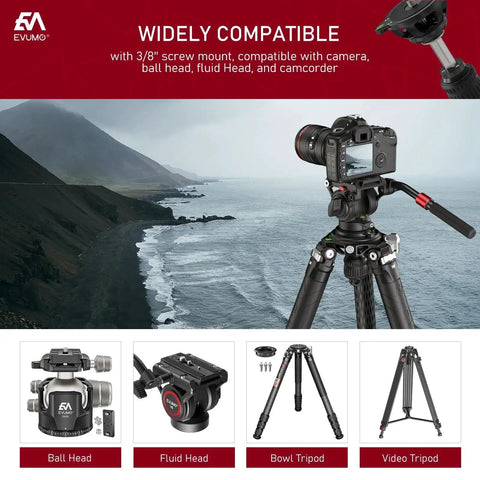 Camera on tripod with 75mm Bowl Adapter With Retractable Handle And Aluminum Alloy Half Ball Leveling Base Three Eighths Inch Mounting Screw Level Bubble And Gravity Hook For Tripods Ball Heads And Fluid Heads Premium Anodized Finish