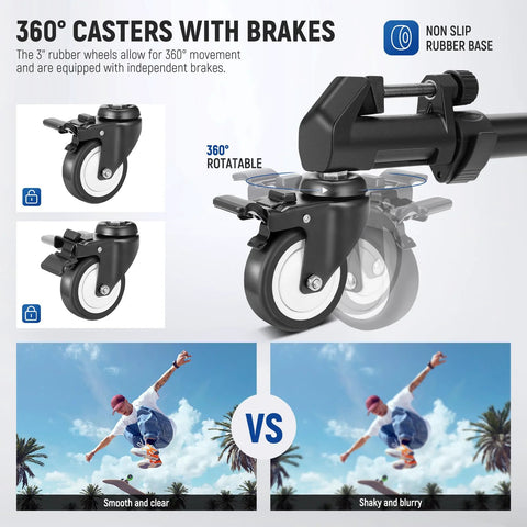360° casters with brakes for photography tripod dolly, showing 3" rubber wheels designed for smooth motion and stable alignment