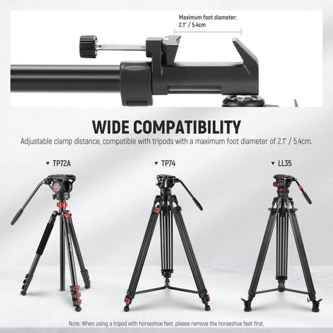 Photography Tripod Dolly with adjustable clamp, compatible with tripods up to 2.7" foot diameter and models TP72A, TP74, LL35