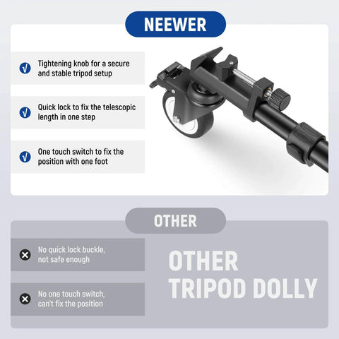 Photography Tripod Dolly, Heavy Duty 50lbs Capacity Tripod Wheels with 3" Rubber Wheels for DSLR tightening knob and features
