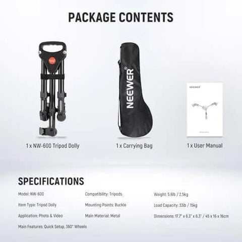Packaging contents of ✝️ Photography Tripod Dolly, Heavy Duty 50lbs Capacity Tripod Wheels with carrying bag and user manual