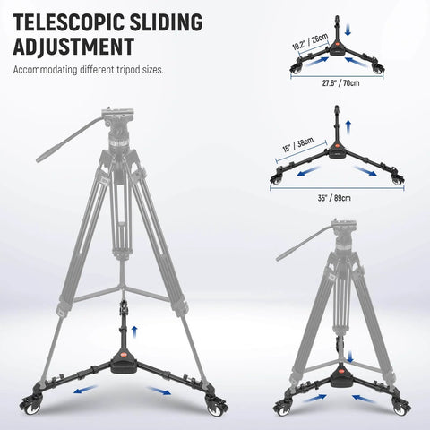 Photography Tripod Dolly, Heavy Duty 50lbs Capacity Tripod Wheels with 3" Rubber Wheels shown with telescopic sliding adjustment