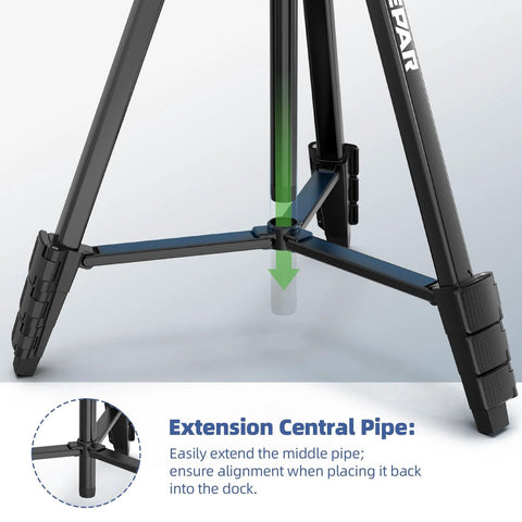 Detailed view of lightweight 60 inch aluminum tripod for indoor use with smooth 3-Way pan head and central pipe extension.