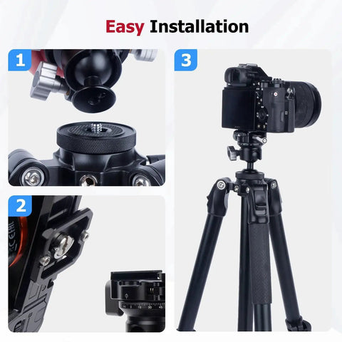 Easy installation steps for 360 Degree Ball Head Tripod Mount With Dual Panoramic Rotation For DSLR Mirrorless And Sports Cameras CNC Aluminum Alloy