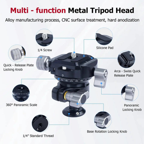 360 Degree Ball Head Tripod Mount With Dual Panoramic Rotation For DSLR Mirrorless And Sports Cameras CNC Aluminum Alloy Construction 10Kg Load Capacity components and features
