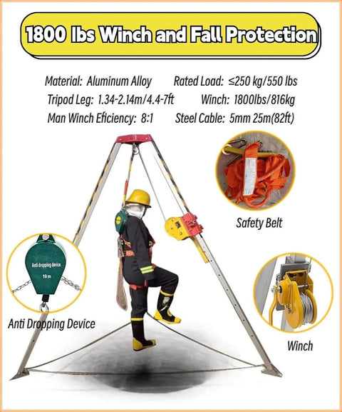 Heavy Duty Confined Space Rescue Tripod Kit With Fall Arrester Self Locking Winch And Safety Harness Emergency Rescue System