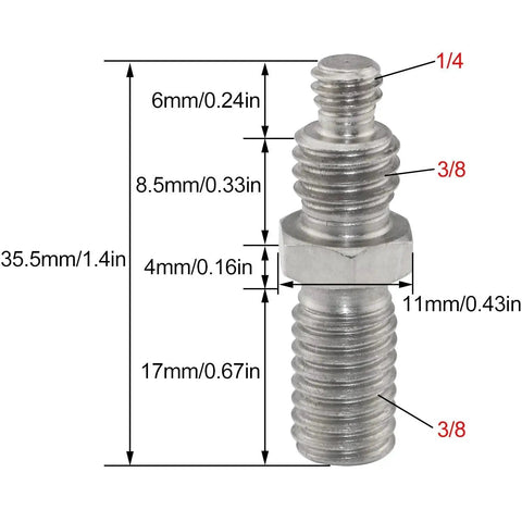 One Quarter To Three Eighths Inch Tripod Screw Adapter Set For Camera Accessories with dual-size threads and measurements