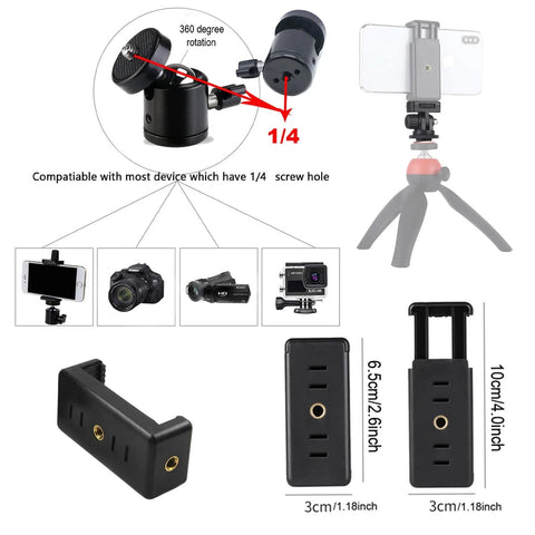 Diagram of 30 Pack Tripod Screw Mount Kit with phone and accessories, 1/4 inch screw, adapter details for DSLR cameras and monopods.