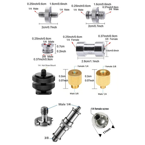 30 Pack Tripod Screw Mount Kit With 1/4 Inch To 3/8 Inch Threaded Adapters And Quick Release Screws shown in various sizes and types