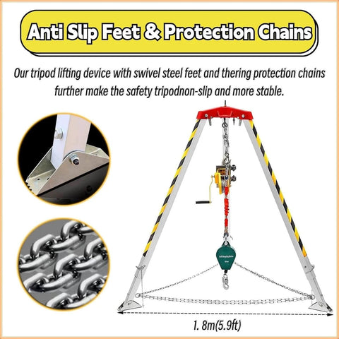 Confined Space Tripod System With Self Locking Winch And Safety Harness, Emergency Rescue Gear with anti-slip feet and chains