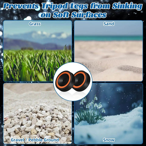 Six Pack 2.95 Inch Anti Vibration Pads For Telescope Mount And Camera Tripod, shown on grass, sand, gravel, and snow surfaces.