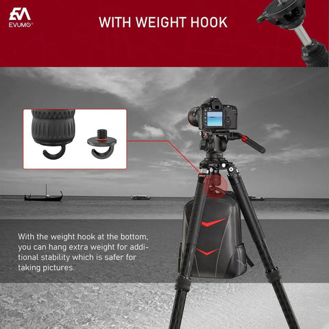75mm Bowl Adapter With Retractable Handle And Aluminum Alloy Half Ball Leveling Base, camera on tripod with weight hook shown