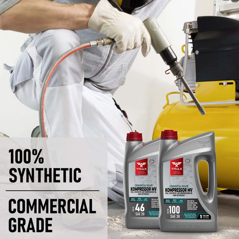 TRIAX Kompressor MV 46 / SAE 20 bottles near air compressor, highlighting 100% synthetic commercial grade oil.