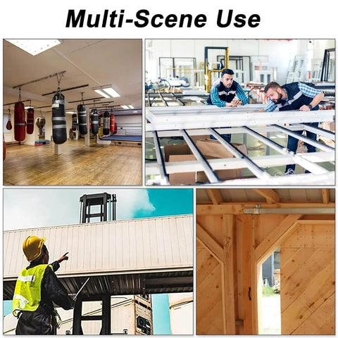 Multi-scene use showcasing garage, workshop, industrial, and door settings for 2 Wheel Trolley Assembly Rollers 1-5/8 Inch Strut Channel.