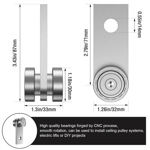 Diagram of 2 Wheel Trolley Assembly Rollers for 1-5/8 Inch Wide & Taller Strut Channel, dimensions in millimeters