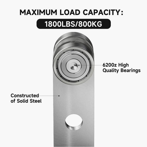 Close-up of 2 Wheel Trolley Assembly Rollers showing 6200z bearings, solid steel construction, for 1-5/8 Inch Strut Channel.