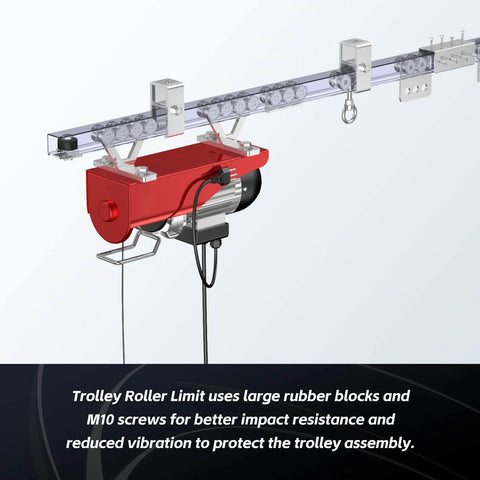 Trolley Roller Wheels Limit Stop Assembly for Unistrut Strut Channel 1-5/8 Inch Wide installed with red trolley and rubber buffers