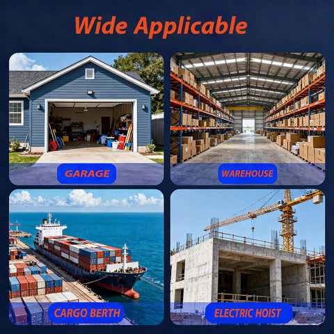 Collage showing garage, warehouse, cargo berth, and construction site with electric hoist, illustrating uses for 2 Wheel Silent Trolley Assembly Rollers with Deep Groove Bearings Galvanized Steel Build Designed for 1-5/8 Inch Wide and Taller Strut Channels Smooth Quiet Performance for Hoists Racks Warehouses Garages and DIY Track Systems Pack of 4.