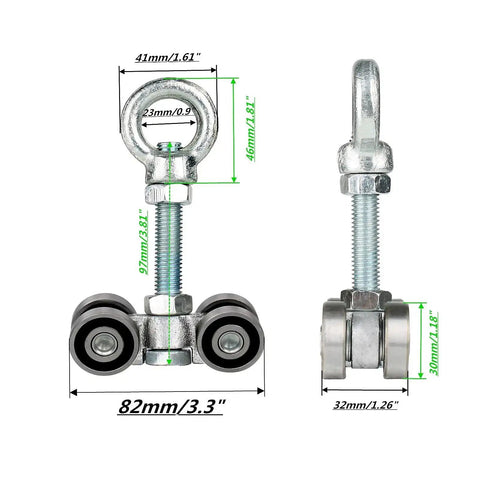 Four Wheel Trolley Assembly Rollers With Hidden Bolt Groove, 650 Lbs Heavy Duty Capacity, M10 Bolt And Lifting Eye Nut, Fits One And Five Eighths Inch Wide And Taller Strut Channels For Smooth Lifting And Rail Handling.