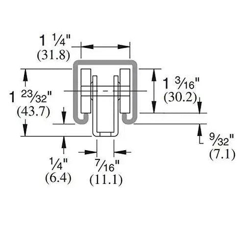 Technical diagram of Four Wheel Light Duty Trolley Assembly With 600 Lb Capacity, dimensions for strut channel compatibility.