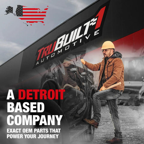 Man in hard hat near large vehicle and TruBuilt Automotive logo on building, text: Detroit-based company, exact OEM parts.