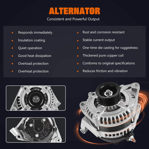 Truck-Ready Alternator Replacement 160A CW 6-Groove Pulley fits 2007-2010 Jeep models with features highlighted