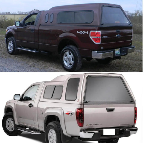 Trucks with camper shells rear view, showcasing Universal Truck Cap T Handle Lock Complete Set for Toppers Camper Shells and Tonneau Covers Includes Two T Handles Dust Covers Cam Plates Spacers Steel Cams and Four Keys Key Alike for Left and Right installed.