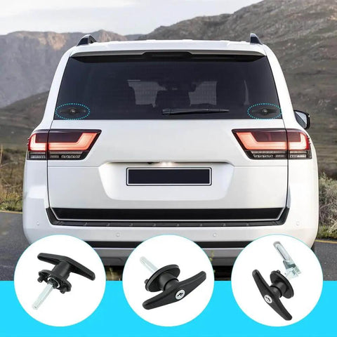 Dual locking T-handle kit for truck caps, shown with left and right locks, keys, and hardware in black and silver finish.