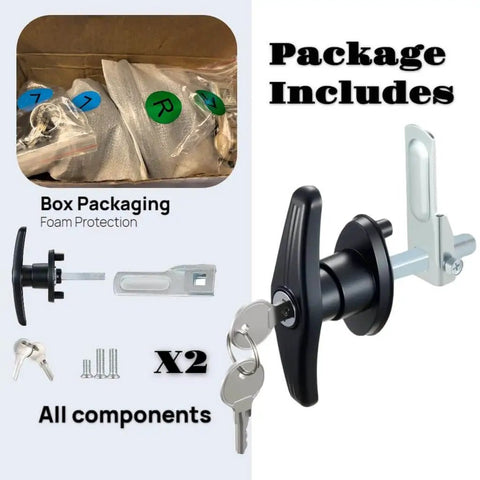 Package with rugged, keyed T-handle locks for camper shell, includes black zinc alloy T-handles, keys, and screws.