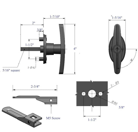 Technical drawing of Universal Truck Cap T Handle Lock Complete Set for Toppers Camper Shells and Tonneau Covers Includes Two T Handles Dust Covers Cam Plates Spacers Steel Cams and Four Keys Key Alike for Left and Right