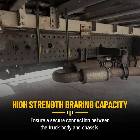 Complete 16 inch square bend U bolts kit in heavy duty steel with 6 inch tie plates installed on truck chassis