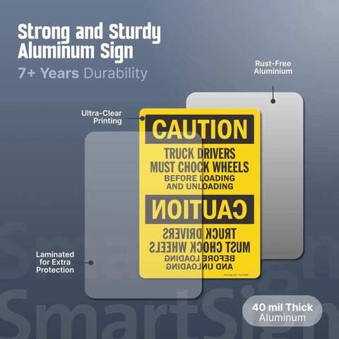 Truck Drivers Must Chock Wheels Before Loading And Unloading Sign 10 x 14 Aluminum Safety Sign For Yard Dock And Warehouse Rust Free 40 Mil Aluminum With Four Three Sixteenth Inch Corner Holes For Easy Mounting