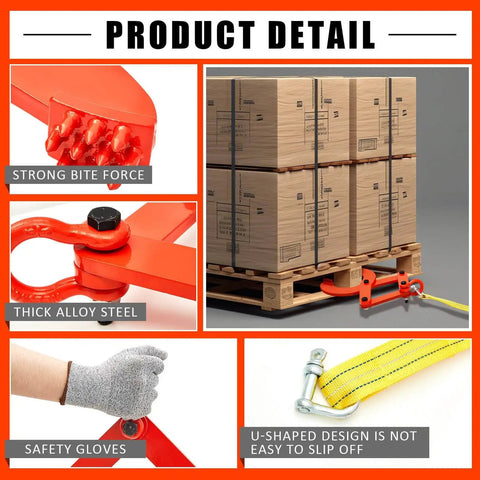 Heavy Duty Truck Pallet Puller Clamp Kit With 2 Ton 4409 Lbs Capacity, Scissor Grabber Style Hook, 13.1 Ft Nylon Tow Strap, And Gloves