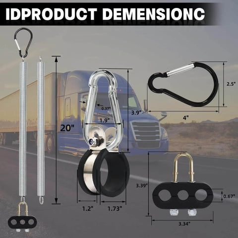 Two Pack 20 Inch Tender Spring Kit With Hose Holder And 3 Hole Clamp Holder Heavy Duty Air Line Kit For Semi Truck Trailer And Tractor Two Style Air Line Holders For Tough Road Trips, shown with measurements and truck background