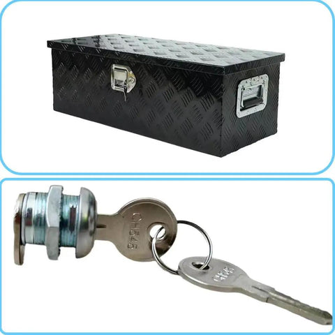 Top image shows a black diamond-patterned truck toolbox. Bottom image shows Two Pack Truck Tool Box Locks With Keys Replacement Cylinder For Latch Five Eighth Inch Cylinder For Toolbox Handle Latch With Cam Lock Dust Covers Included.