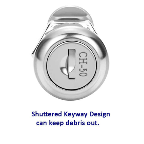 Front view of 5/8 inch keyed-alike cylinder lock for paddle handle latches, showcasing shuttered keyway