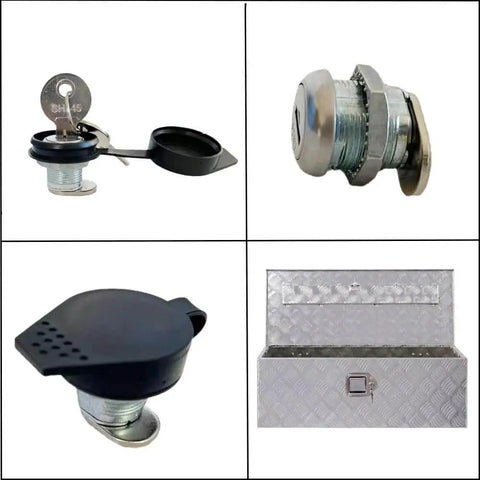 Two Pack Truck Tool Box Locks With Keys Replacement Cylinder For Latch Five Eighth Inch Cylinder for toolbox shown with black dust cover and silver cam lock