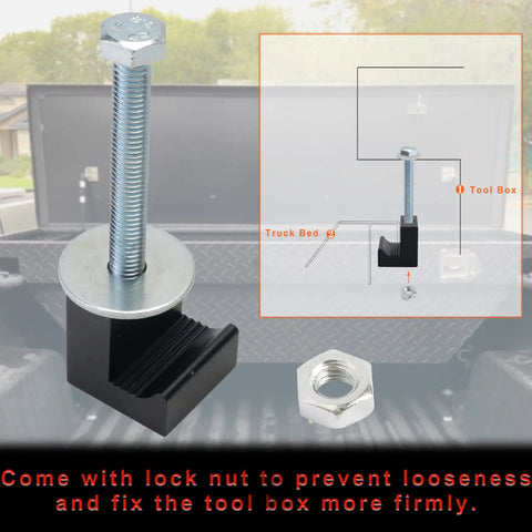 Heavy Duty Truck Toolbox Mounting Kit With Fastening Nuts For Aluminum Pickup Bed Toolbox Secure J Hooks Tie Downs Crossbar Crossover Fixed Kit Black Universal Fit, with lock nut and J-hook.